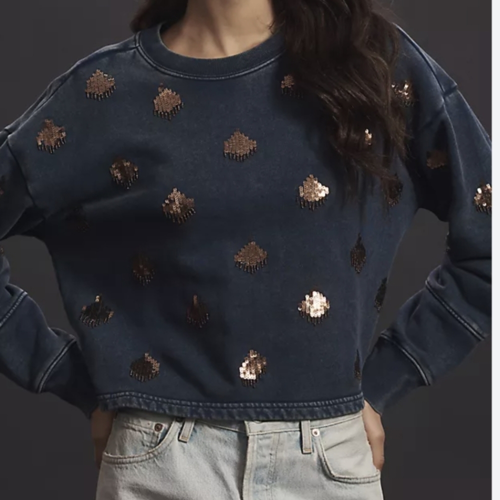 Pilcro Navy Blue Sequin Dot Cropped Sweatshirt Size XS.